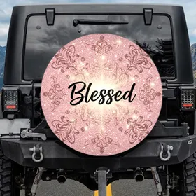 Blessed Script Golden Dust Shimmering Light Flares Delicate Flourish - Faith Lifestyle Gift Spare Tire Cover