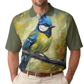 Blue Crested Bird Yellow Green Feathers Branch Foliage - Wildlife Lover Gift Men's Polo Shirt