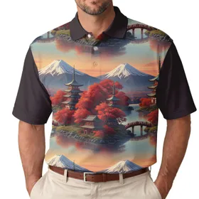 Snow-Capped Mount Fuji Japanese Pagodas Autumn Maple Trees Bridge - Scenic Landscape Gift Men's Polo Shirt