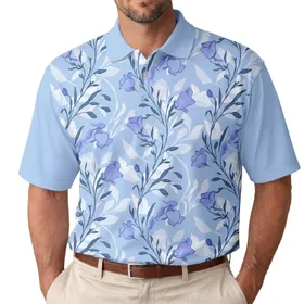 Delicate Blue Bell Flowers Dark Stems Leaves Buds Abstract Shapes - Garden Lover Gift Men's Polo Shirt