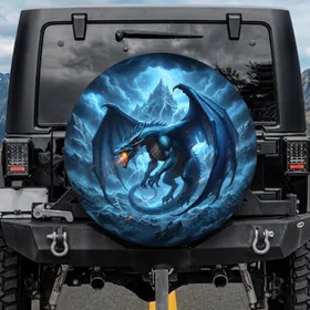 Majestic Blue Dragon Outstretched Wings Storm Clouds Mountain - Dragon Lover Gift Spare Tire Cover
