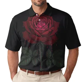 Dark Red Rose Deep Pink Glow Thorny Leaves Blood Black Background - Gothic Lover Gift Men's Polo Shirt