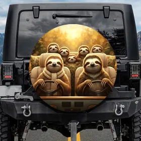 Sloth Group Portrait Car Interior Autumn Foliage - Wildlife Lover Gift Spare Tire Cover