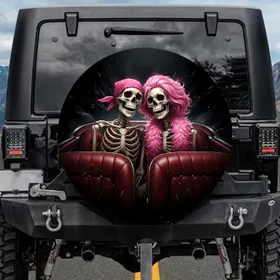 Smiling Skeletons Pink Hair Boa Roadster Interior - Open Road Travel Gift Spare Tire Cover