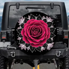 Fuchsia Rose Black Leaves White Starbursts - Luxury Home Decor Gift for Rose Lover Spare Tire Cover