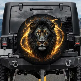 Majestic Black Lion Head Golden Eye Glowing Golden Energy Tendrils - Fantasy Lover Gift Spare Tire Cover