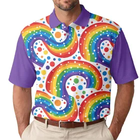 Undulating Rainbow Bands Swirls White Speckles Confetti Dots - Celebration Gift Men's Polo Shirt