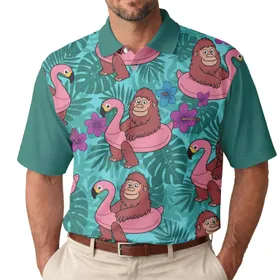 Sasquatch Flamingo Pool Float Tropical Bloom - Beach Day Gift for Bigfoot Lover Men's Polo Shirt