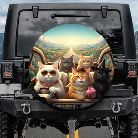 Anthropomorphic Cats Road Trip Adventure - Travel Essentials for Cat Owners Spare Tire Cover