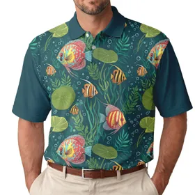 Vibrant Discus Angelfish Butterflyfish Aquatic Garden Underwater Scene - Ocean Life Lover Gift Men's Polo Shirt