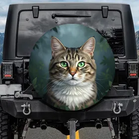 Curious Domestic Tabby Cat Emerald Green Eyes Portrait - Cat Lover Automotive Gift Spare Tire Cover