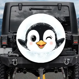 Winking Cartoon Penguin Face Snow Flurries - Wildlife Lover Gift for Penguin Lover Spare Tire Cover