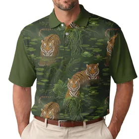 Bengal Tigers Submerged Murky Green Water Aquatic Flora Mossy Jungle Pond - Big Cat Lover Gift Men's Polo Shirt