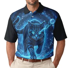 Electric Blue Cat Glowing Eyes Luminous Claws Cosmic Stardust Abyss - Fantasy Lover Gift Men's Polo Shirt