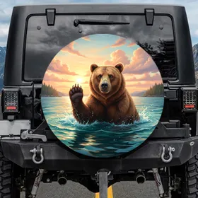 Grizzly Bear Waving Ocean Water Sunrise - Wildlife Lover Gift Spare Tire Cover