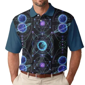 Celestial Ringed Planets Sacred Geometry Stars - Cosmic Journey Gift for Space Lovers Men's Polo Shirt