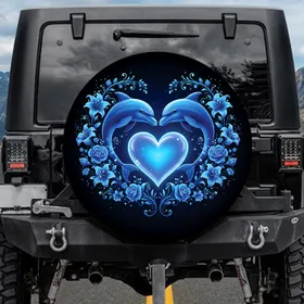 Dolphins Glowing Heart Blue Flowers - Aquatic Lover Lifestyle Gift Spare Tire Cover