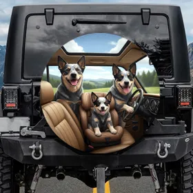 Blue Heelers Puppy Driving Car - Adventure Road Trip Gift Spare Tire Cover