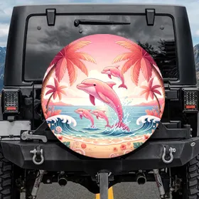 Playful Pink Dolphins Tropical Landscape - Tropical Getaway Gift for Dolphin Lover Spare Tire Cover