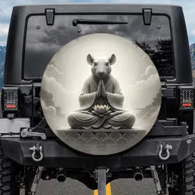Ancient Stone Meditating Rat Prayer Gesture Lotus Flower - Zen Lifestyle Travel Gift Spare Tire Cover
