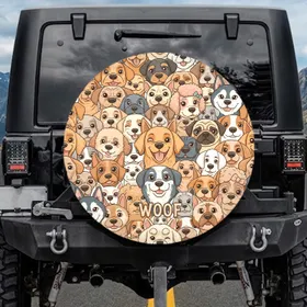 Densely Packed Diverse Cartoon Dog Faces Mosaic WOOF Text - Dog Lover Gift Spare Tire Cover