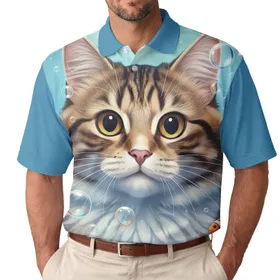 Curious Golden Yellow Eyes Tabby Cat Face Water Bubbles Fish - Pet Lover Everyday Style Men's Polo Shirt
