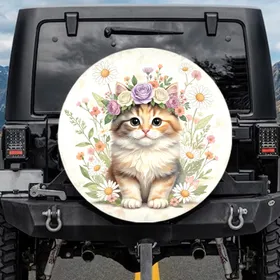 Calico Kitten Pastel Roses Wildflower Wreath - Home Decor Gift for Cat Lover Spare Tire Cover