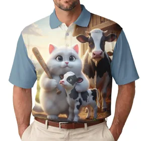 Fluffy White Cartoon Cat Holstein Calf Barn - Farmhouse Decor Gift for Cow Lovers Men's Polo Shirt
