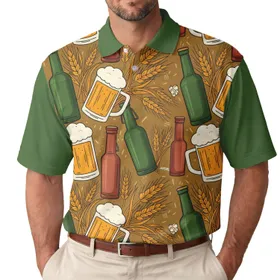 Frothy Beer Mugs Dark Green Bottles Golden Wheat Stalks - Celebration Gift for Beer Lover Men's Polo Shirt