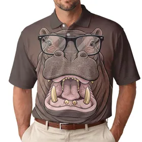 Hippopotamus Face Black Glasses Wide Grin White Teeth - Animal Lover Gift Men's Polo Shirt