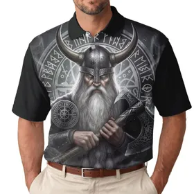 Viking Warrior White Beard Horned Helmet Runic Axe Shield - Mythology Fan Gift Men's Polo Shirt