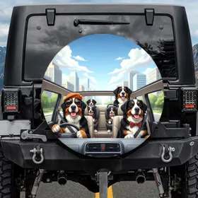 Bernese Mountain Dogs Driving Car Adventure Scene - Dog Lover Travel Essentials Spare Tire Cover