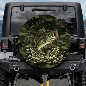 Leaping Bass Fish Fishing Rod Outdoor Sport Fishing Gift for Fishing Enthusiast Spare Tire Cover