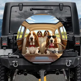 Basset Hounds Driving Car Sunglasses Red Bowtie - Road Trip Travel Dog Lover Gift Spare Tire Cover