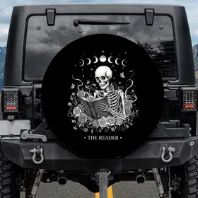 The Reader Skeletal Book Moon Stars Gothic Floral - Book Lover Gift Spare Tire Cover