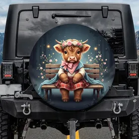 Baby Highland Cow Rose Wreath Wooden Bench - Farmhouse Decor Gift for Cow Lover Spare Tire Cover