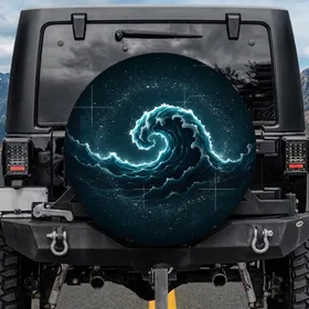 Deep Teal Blue Wave Stars Geometric Lines - Automotive Accessory Gift Spare Tire Cover