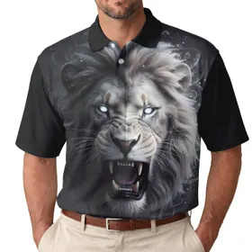Aggressive Roaring Lion Face Dark Light Split - Wildlife Lover Gift for Him Men's Polo Shirt