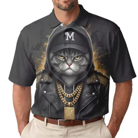 Grumpy Grey Cat Baseball Cap Gold Chains Leather Jacket - Everyday Wear for Cat Lover Men's Polo Shirt