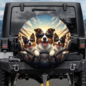 Happy Dogs Sunglasses Steering Wheel Scene - Road Trip Companion Gift for Dog Lovers Spare Tire Cover