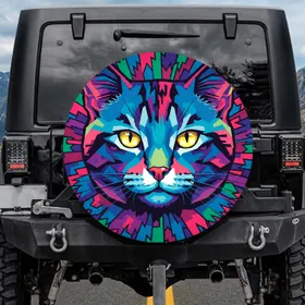 Pop Art Cat Face Yellow Eyes Full Coverage - Animal Lover Automotive Gift Spare Tire Cover