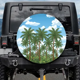 Lush Tropical Palm Trees Cloud-Filled Blue Sky - Serene Outdoor Travel Essential Spare Tire Cover