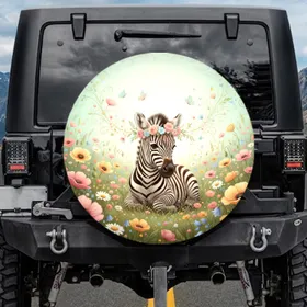 Crowned Baby Zebra Wildflower Meadow Butterflies Mint Green Sky - Wildlife Lover Gift Spare Tire Cover