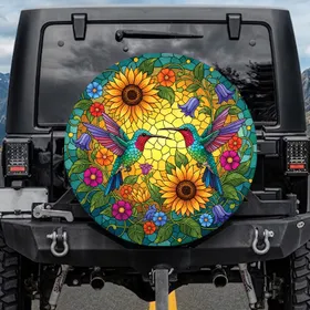 Richly Colored Stained Glass Hummingbirds Sunflowers Bellflowers - Wildlife Lover Gift Spare Tire Cover
