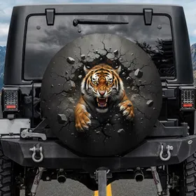 Snarling Bengal Tiger Bursting Shattered Stone Wall - Wildlife Lover Gift Spare Tire Cover