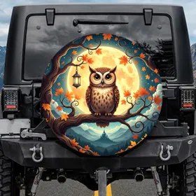 Big-Eyed Brown Owl Golden Moon Fantasy Castle - Nature Lover Home Decor Gift Spare Tire Cover