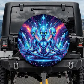Neon Alien Figures Crystalline Cosmic Scene - Sci-Fi Fan Home Decor Gift Spare Tire Cover