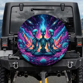 Meditating Alien Figures Cosmic Nebulae – Space Lover Gift for Sci-Fi Fans Spare Tire Cover