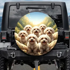 Bichon Frise Maltese Dogs Lush Greenery Sunlight - Dog Lover Gift Spare Tire Cover