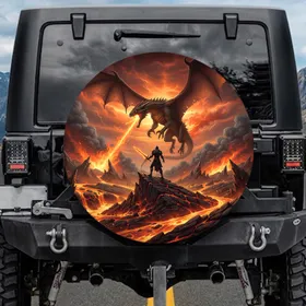 Heroic Warrior Facing Fire Dragon Volcanic Lava Battle Fiery Sky - Fantasy Lover Gift Spare Tire Cover